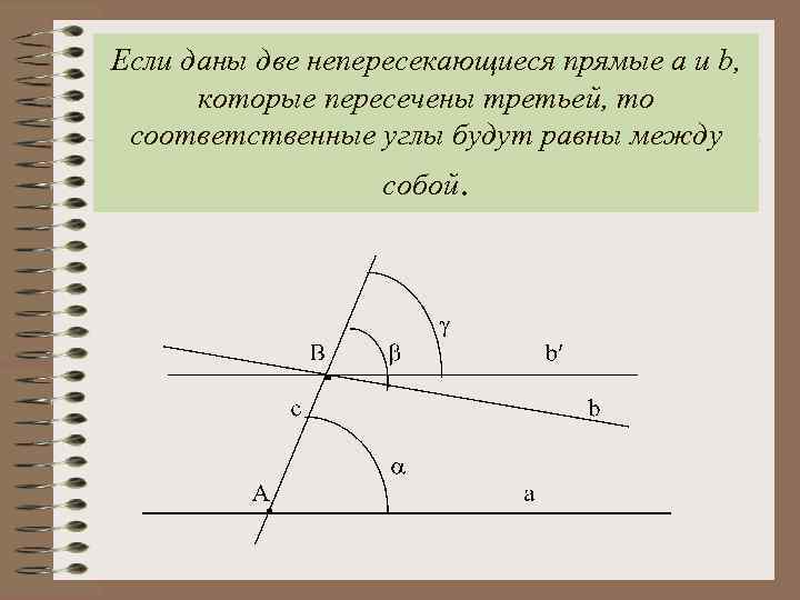 Если даны две непересекающиеся прямые a и b, которые пересечены третьей, то соответственные углы