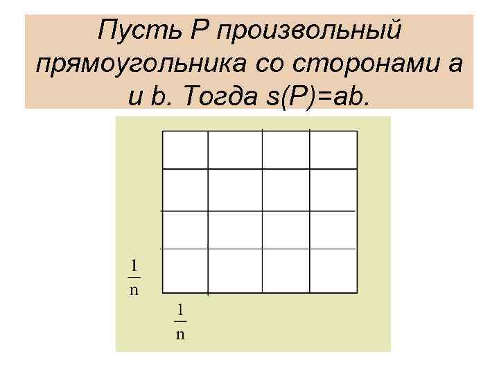 Пусть P произвольный прямоугольника со сторонами a и b. Тогда s(P)=ab. 