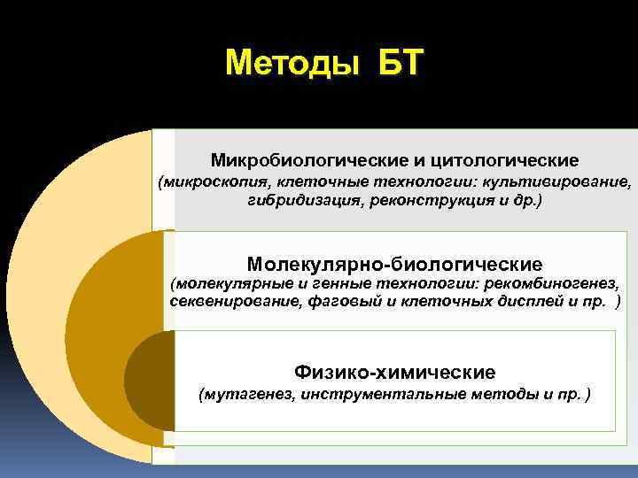 Методы БТ Микробиологические и цитологические (микроскопия, клеточные технологии: культивирование, гибридизация, реконструкция и др. )