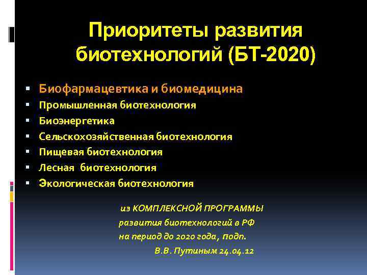 Приоритеты развития биотехнологий (БТ-2020) Биофармацевтика и биомедицина Промышленная биотехнология Биоэнергетика Сельскохозяйственная биотехнология Пищевая биотехнология
