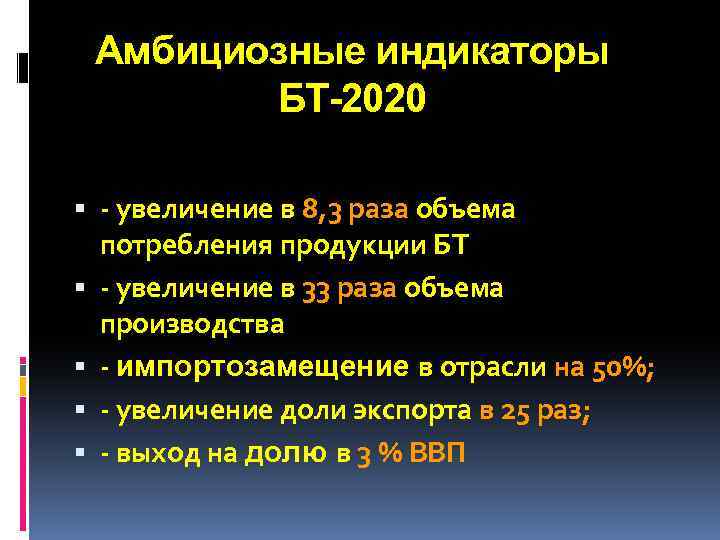 Амбициозные индикаторы БТ-2020 увеличение в 8, 3 раза объема потребления продукции БТ увеличение в