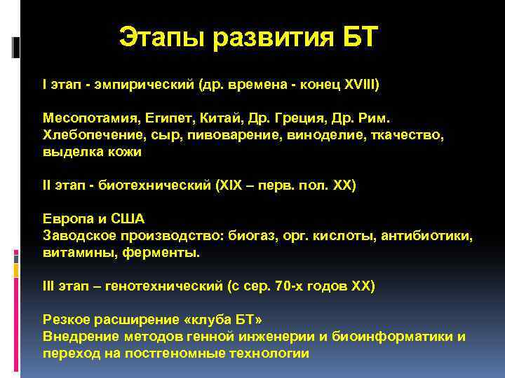 Этапы развития БТ I этап - эмпирический (др. времена - конец XVIII) Месопотамия, Египет,