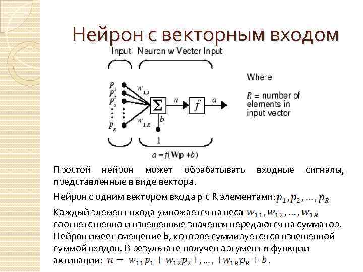 Нейрон с векторным входом Простой нейрон может обрабатывать входные сигналы, представленные в виде вектора.