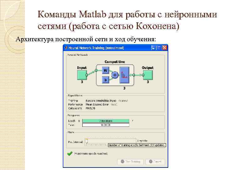 Команды Matlab для работы с нейронными сетями (работа с сетью Кохонена) Архитектура построенной сети