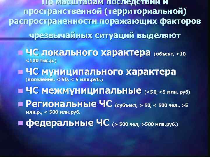 По масштабам последствий и пространственной (территориальной) распространенности поражающих факторов чрезвычайных ситуаций выделяют n ЧС