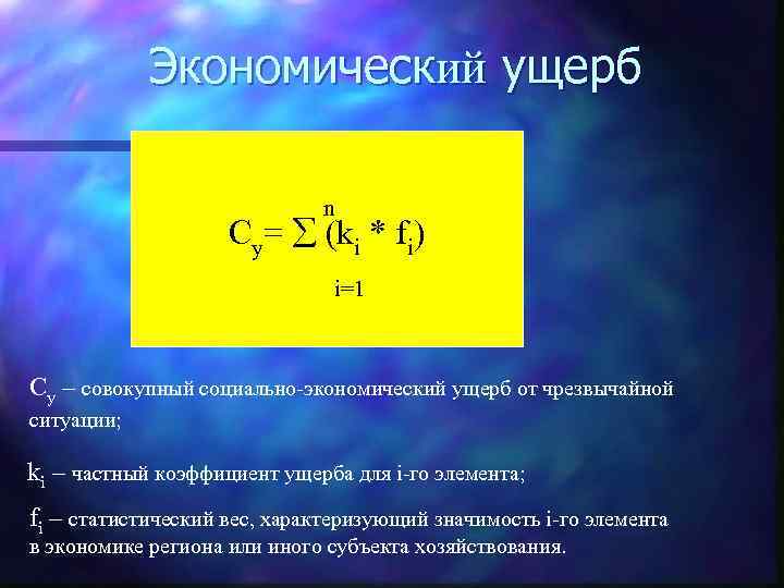 Экономический ущерб n Су= (ki * fi) i=1 Су – совокупный социально-экономический ущерб от