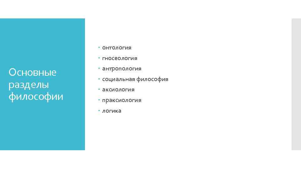  онтология гносеология Основные разделы философии антропология социальная философия аксиология праксиология логика 