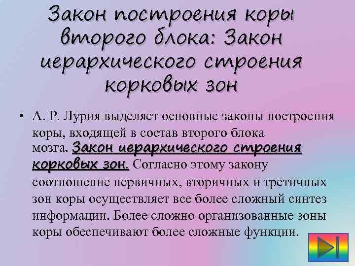 Закон построения коры второго блока: Закон иерархического строения корковых зон • А. Р. Лурия