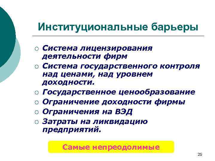 Институциональные барьеры ¡ ¡ ¡ Система лицензирования деятельности фирм Система государственного контроля над ценами,