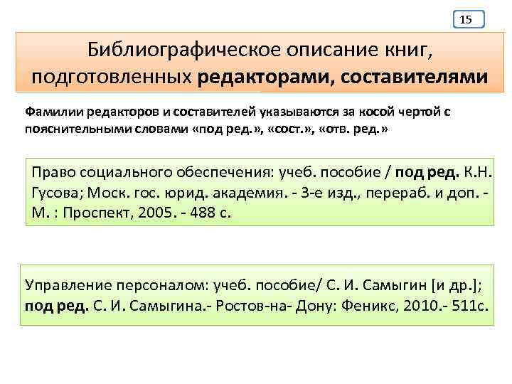 15 Библиографическое описание книг, подготовленных редакторами, составителями Фамилии редакторов и составителей указываются за косой