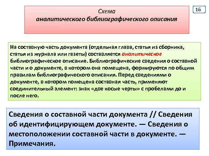 Схема аналитического библиографического описания 16 На составную часть документа (отдельная глава, статья из сборника,