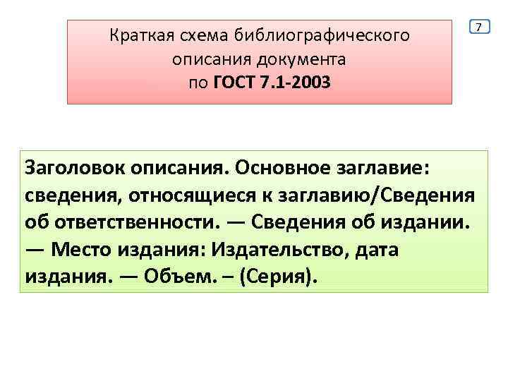 Краткая схема библиографического описания документа по ГОСТ 7. 1 -2003 7 Заголовок описания. Основное