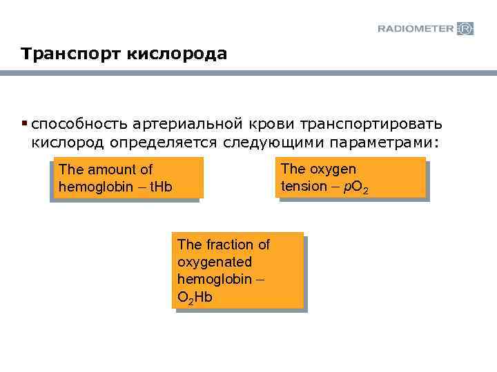 Транспорт кислорода § способность артериальной крови транспортировать кислород определяется следующими параметрами: The oxygen tension