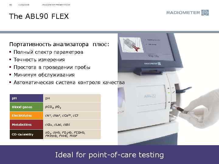 80 11/02/2018 RADIOMETER PRESENTATION The ABL 90 FLEX Портативность анализатора плюс: § Полный спектр