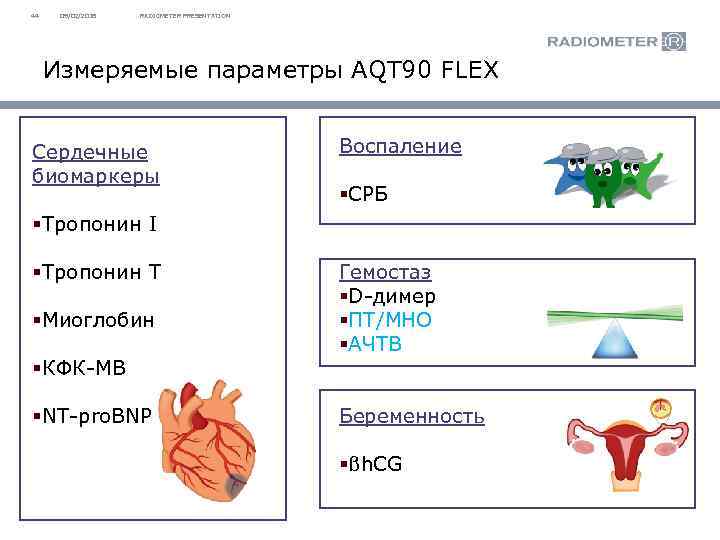 44 09/02/2018 RADIOMETER PRESENTATION Измеряемые параметры AQT 90 FLEX Сердечные биомаркеры Воспаление §CРБ §Тропонин