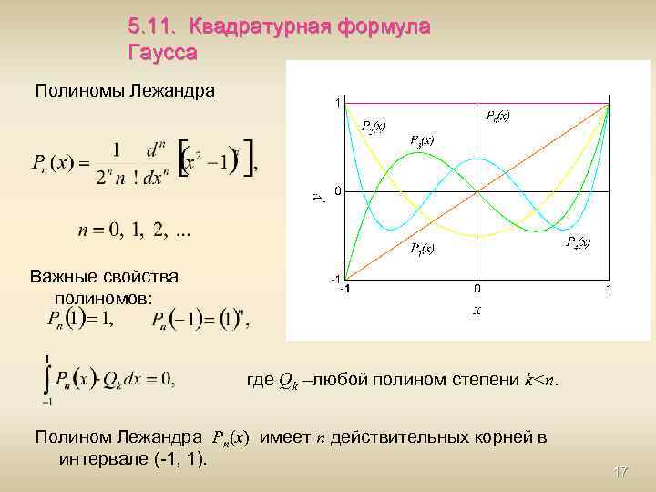 5. 11. Квадратурная формула Гаусса Полиномы Лежандра Важные свойства полиномов: где Qk –любой полином