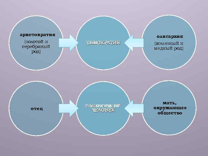аристократия (золотой и серебряный род) отец олигархия ТИМОКРАТИЯ ТИМОКРАТИЧЕСКИЙ ЧЕЛОВЕК (железный и медный род)