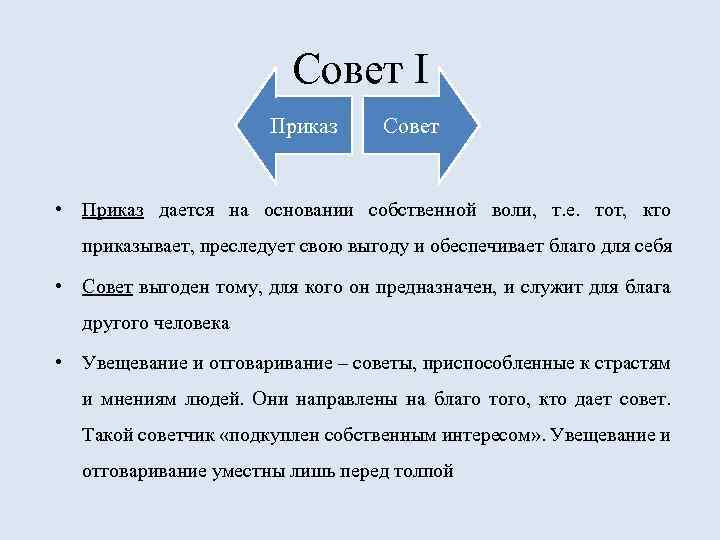 Совет I Приказ Совет • Приказ дается на основании собственной воли, т. е. тот,
