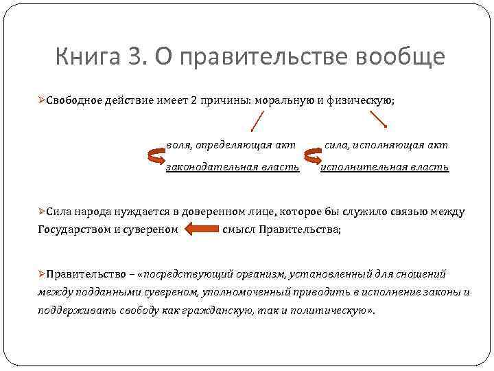 Книга 3. О правительстве вообще ØСвободное действие имеет 2 причины: моральную и физическую; воля,