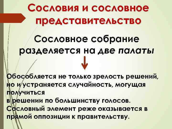 Сословия и сословное представительство Сословное собрание разделяется на две палаты Обособляется не только зрелость