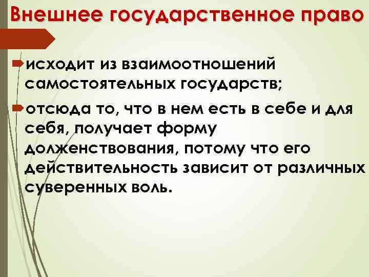 Внешнее государственное право исходит из взаимоотношений самостоятельных государств; отсюда то, что в нем есть