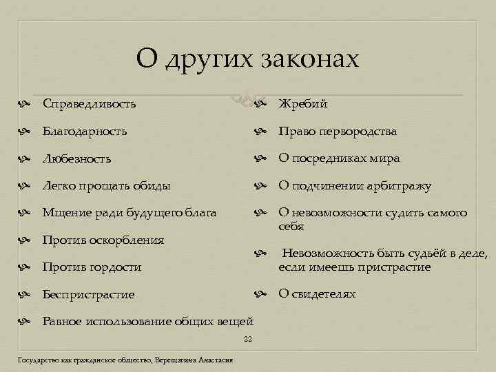 О других законах Справедливость Жребий Благодарность Право первородства Любезность О посредниках мира Легко прощать