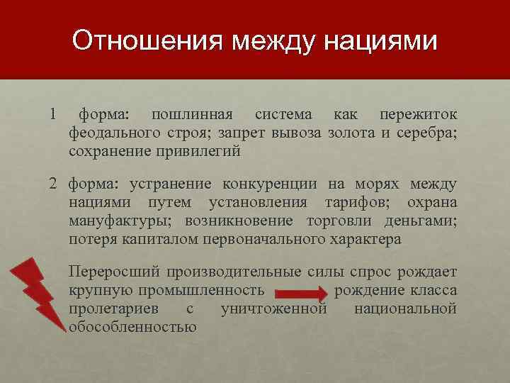 Отношения между нациями 1 форма: пошлинная система как пережиток феодального строя; запрет вывоза золота