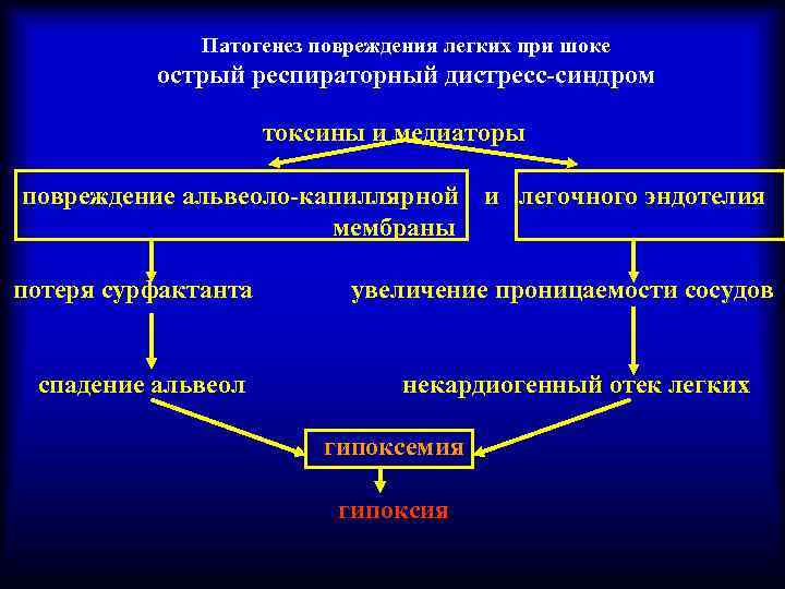 Патогенез повреждения легких при шоке острый респираторный дистресс-синдром токсины и медиаторы повреждение альвеоло-капиллярной мембраны