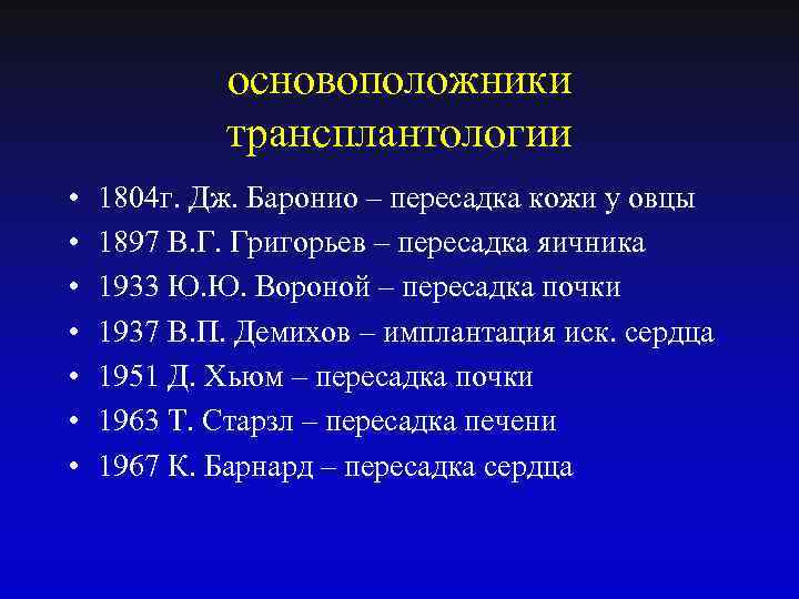 основоположники трансплантологии • • 1804 г. Дж. Баронио – пересадка кожи у овцы 1897