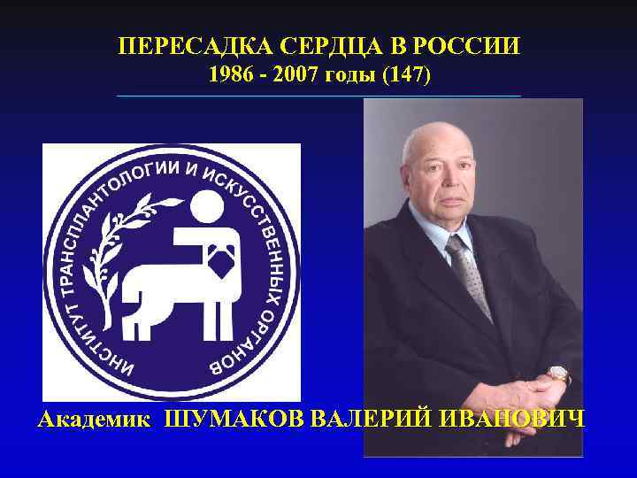 ПЕРЕСАДКА СЕРДЦА В РОССИИ 1986 - 2007 годы (147) Академик ШУМАКОВ ВАЛЕРИЙ ИВАНОВИЧ 