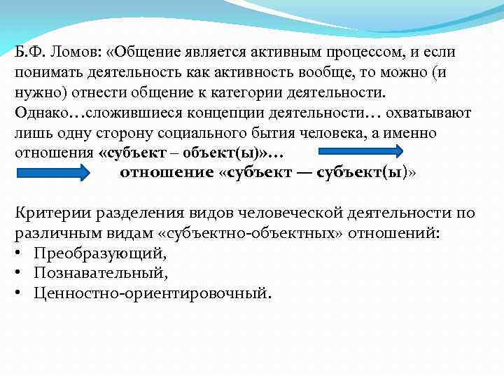 Б. Ф. Ломов: «Общение является активным процессом, и если понимать деятельность как активность вообще,