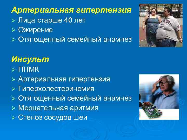 Артериальная гипертензия Лица старше 40 лет Ø Ожирение Ø Отягощенный семейный анамнез Ø Инсульт