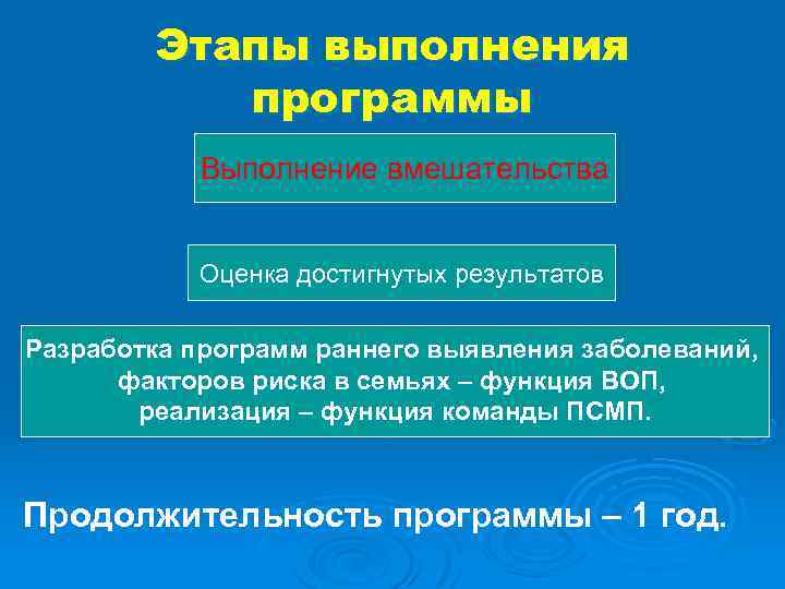 Этапы выполнения программы Выполнение вмешательства Оценка достигнутых результатов Разработка программ раннего выявления заболеваний, факторов