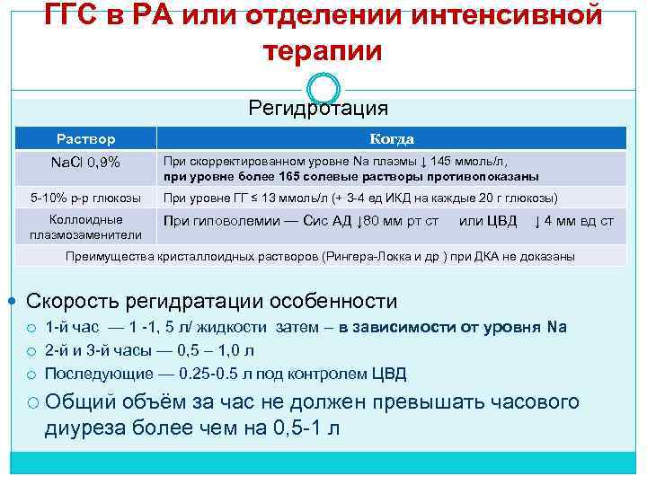 ГГС в РА или отделении интенсивной терапии Регидротация Раствор Na. Cl 0, 9% Когда