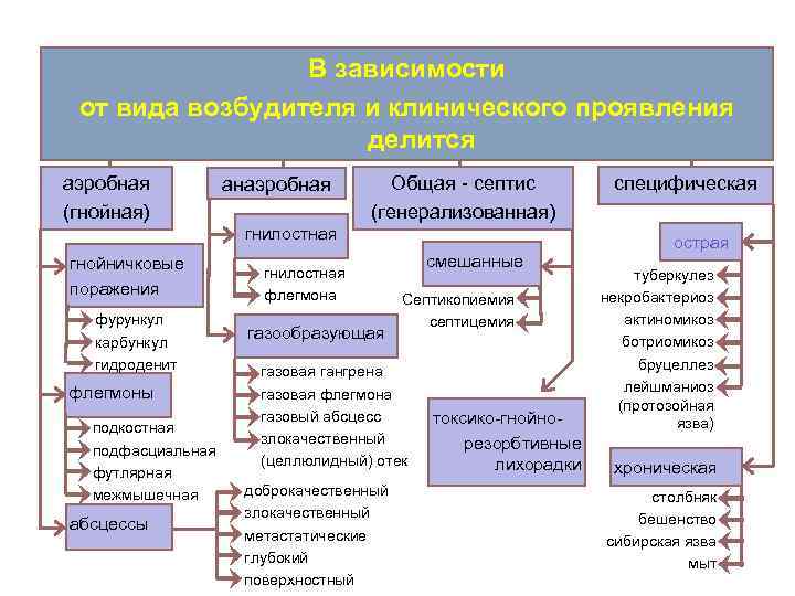 В зависимости от вида возбудителя и клинического проявления делится аэробная (гнойная) анаэробная Общая -