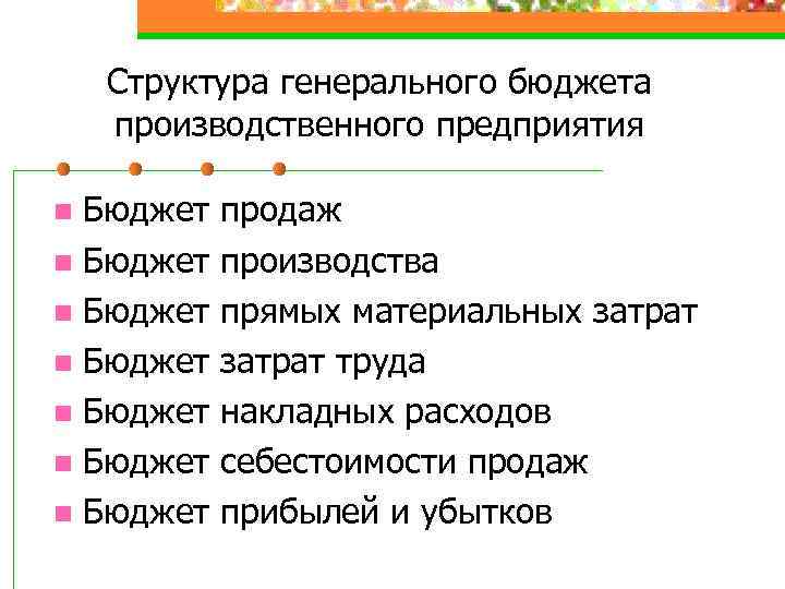 Структура генерального бюджета производственного предприятия Бюджет n Бюджет n продаж производства прямых материальных затрат