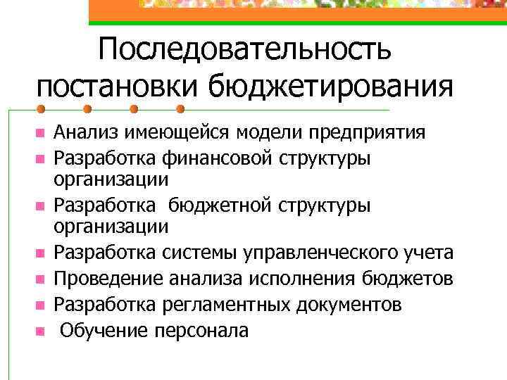 Последовательность постановки бюджетирования n n n n Анализ имеющейся модели предприятия Разработка финансовой структуры