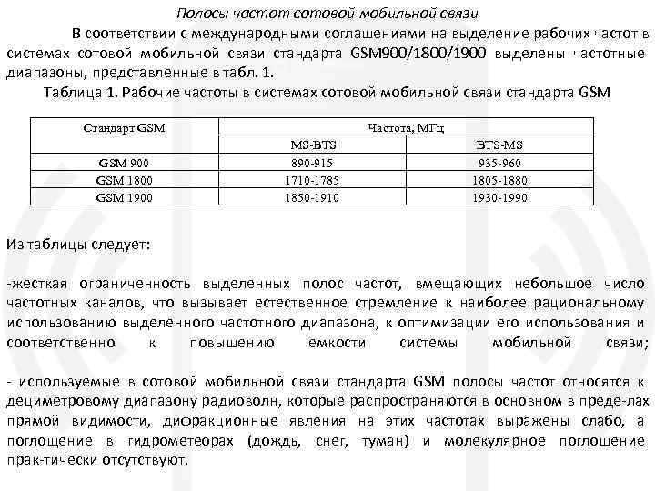 Полосы частот сотовой мобильной связи В соответствии с международными соглашениями на выделение рабочих частот