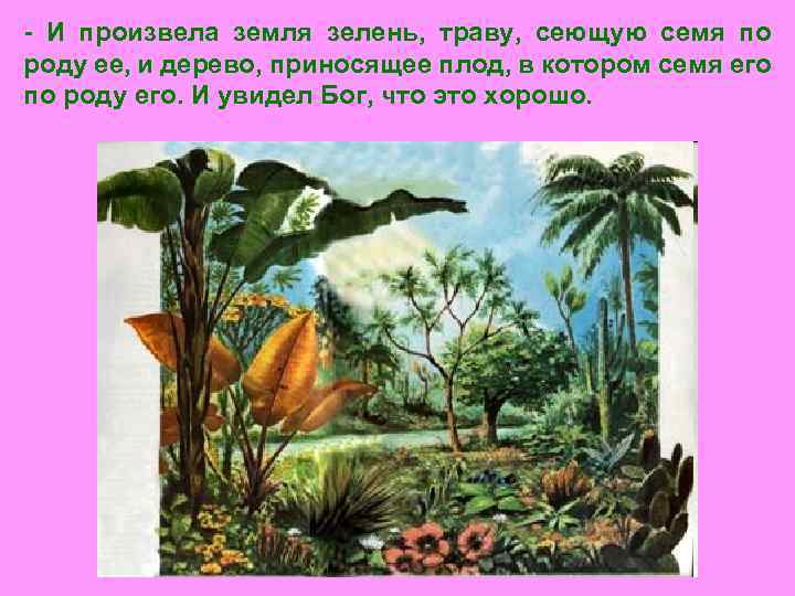 - И произвела земля зелень, траву, сеющую семя по роду ее, и дерево, приносящее