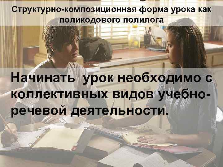 Структурно-композиционная форма урока как поликодового полилога Начинать урок необходимо с коллективных видов учебноречевой деятельности.