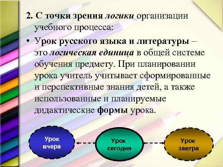 2. С точки зрения логики организации учебного процесса: • Урок русского языка и литературы