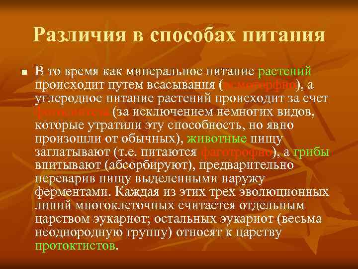Различия в способах питания n В то время как минеральное питание растений происходит путем