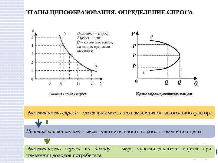 ЭТАПЫ ЦЕНООБРАЗОВАНИЯ. ОПРЕДЕЛЕНИЕ СПРОСА Типичная кривая спроса Кривая спроса престижных товаров Эластичность спроса –