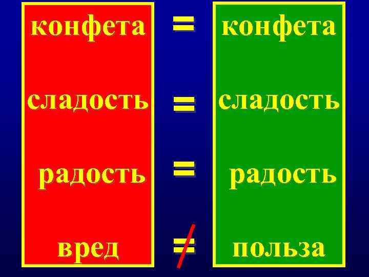 = конфета сладость = сладость радость = радость вред = польза конфета 