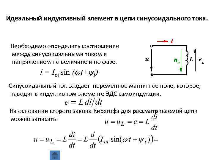 Идеальный индуктивный элемент в цепи синусоидального тока. Необходимо определить соотношение между синусоидальными током и