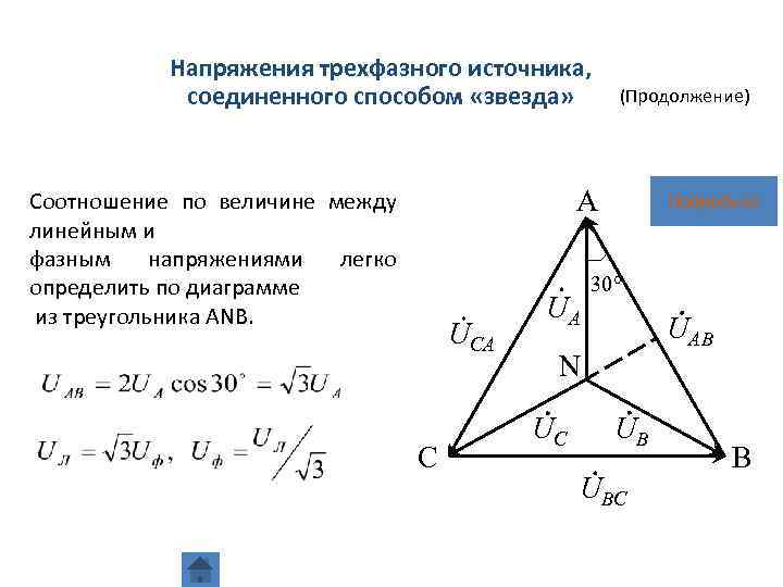 В схеме треугольник фазное и линейное напряжения связаны соотношением