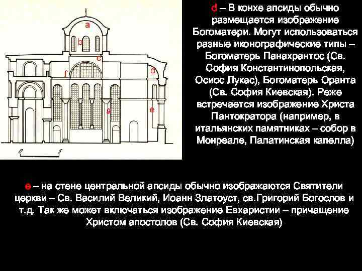 d – В конхе апсиды обычно размещается изображение Богоматери. Могут использоваться разные иконографические типы