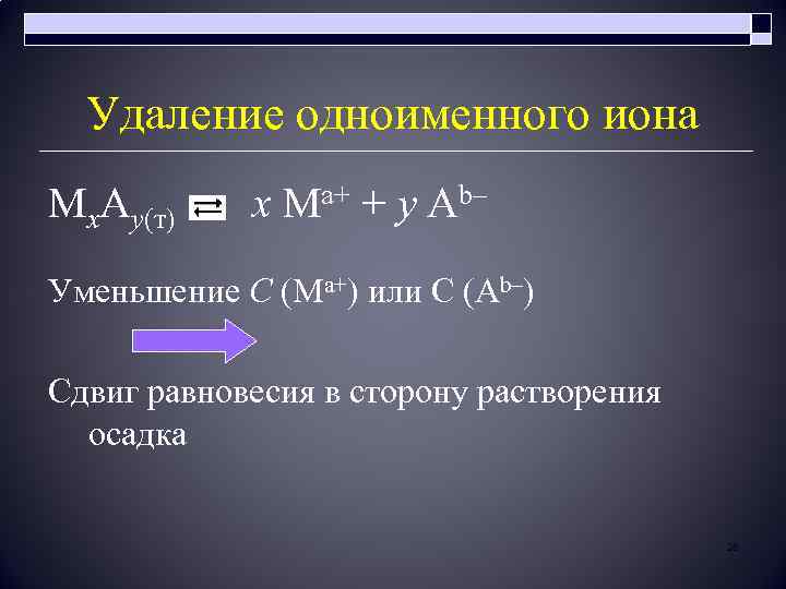 Удаление одноименного иона Мх. Ау(т) х Ма+ + у Аb– Уменьшение C (Ма+) или