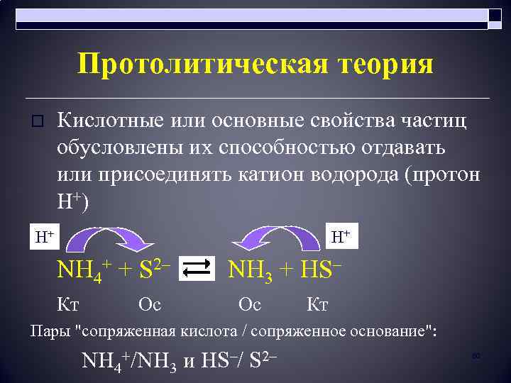 Протолитическая теория o Кислотные или основные свойства частиц обусловлены их способностью отдавать или присоединять