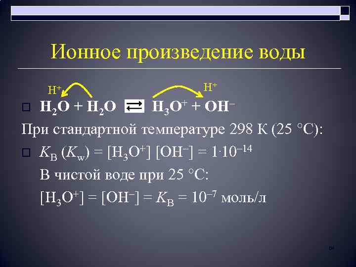 Ионное произведение воды H+ H+ H 2 O H 3 O+ + OH– При